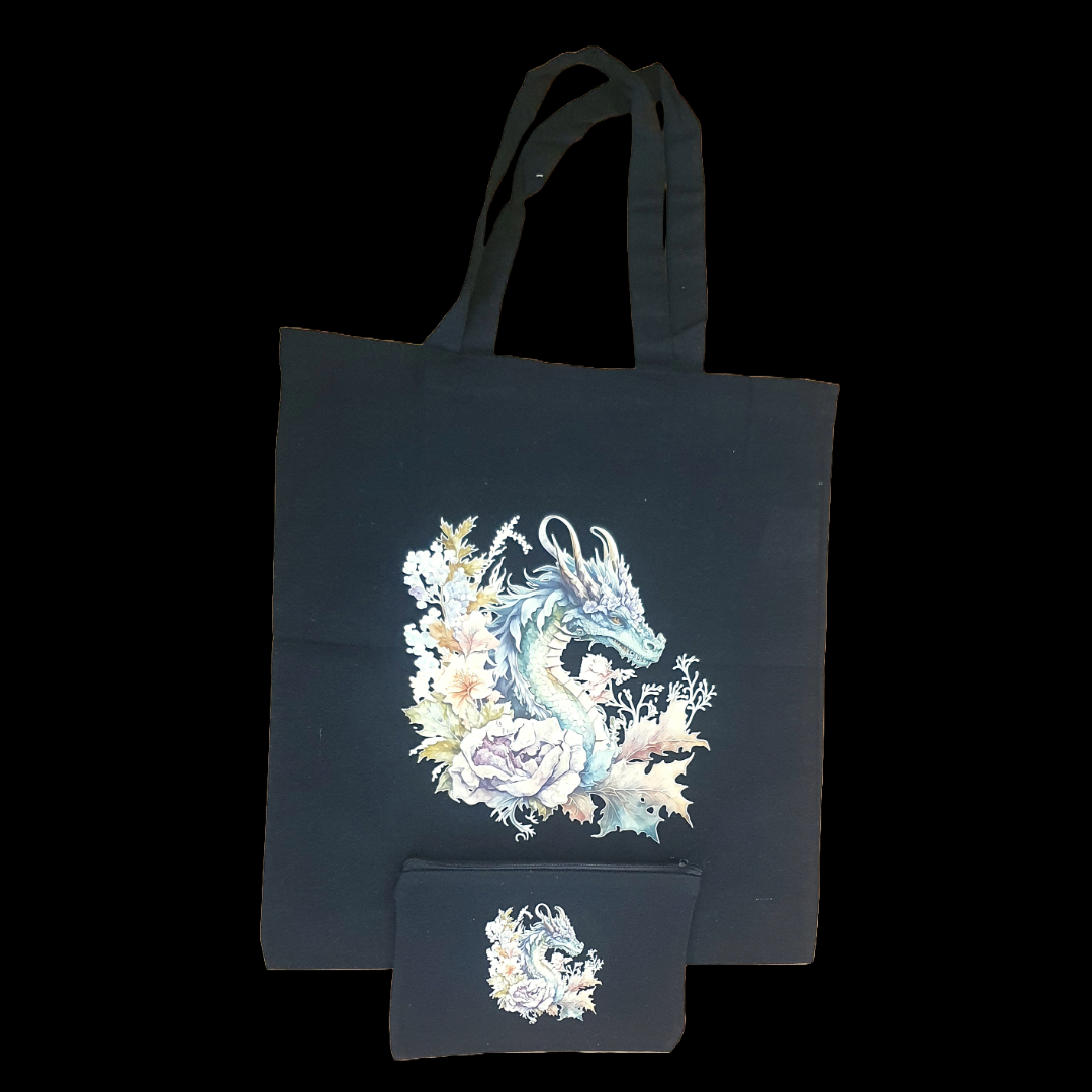 Dragon floral design black tote bag and matching zip case set