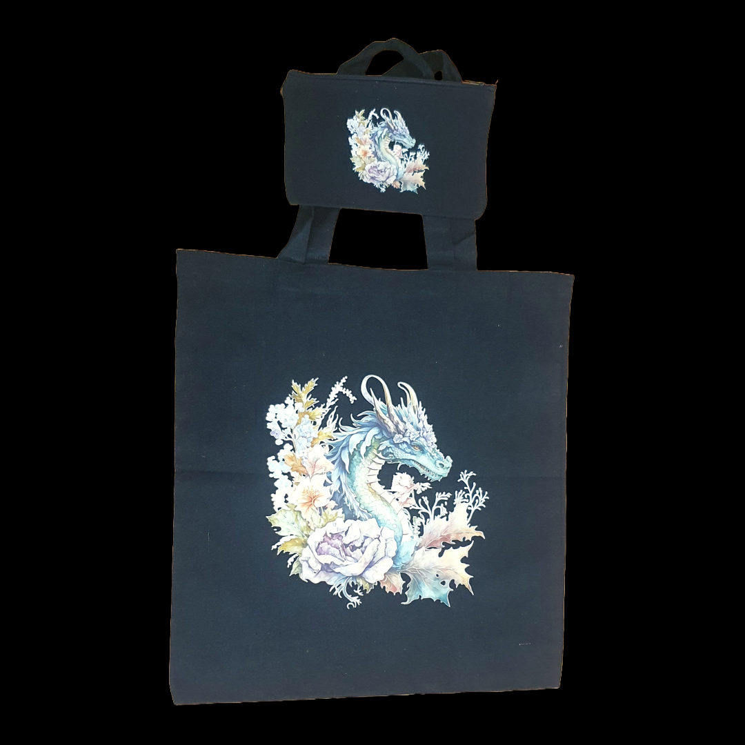 Dragon floral design black tote bag and matching zip case set