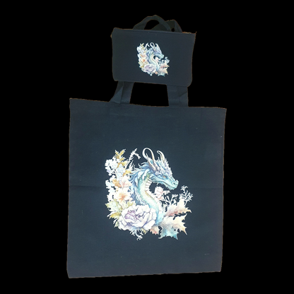 Dragon floral design black tote bag and matching zip case set