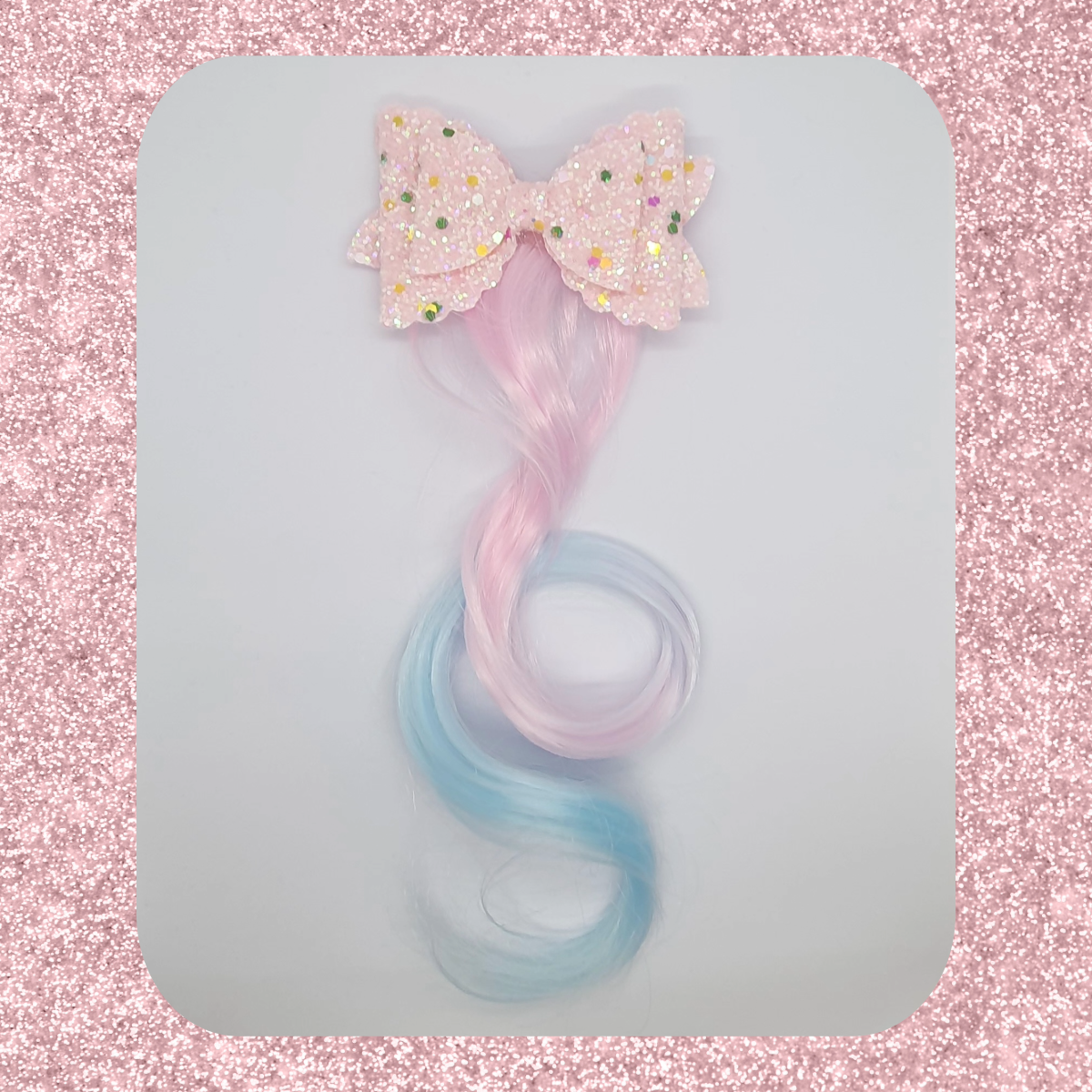 Sparkly shimmery double layered bow with coloured hair extension hair clip