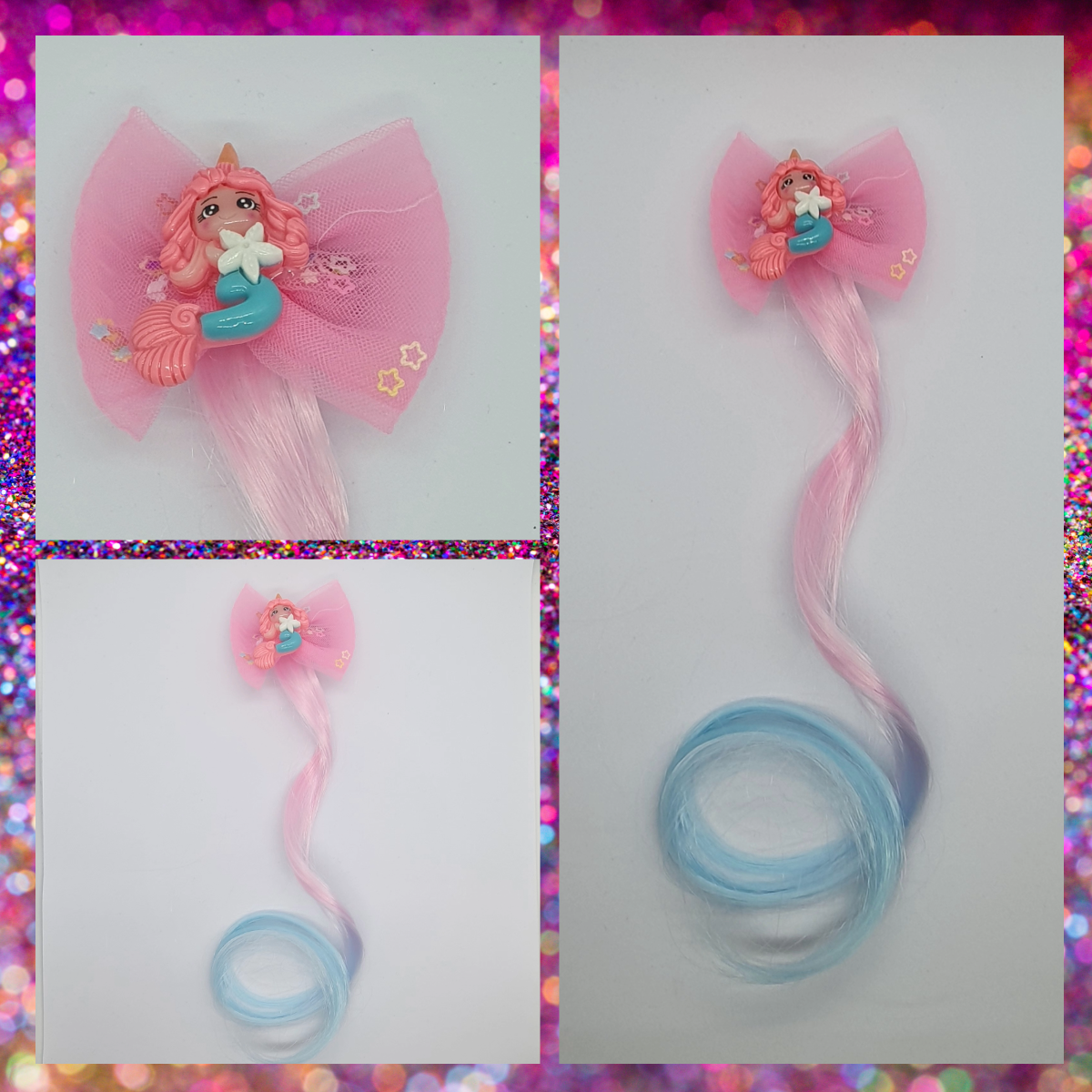 Mermaid hair bow clip with colourful hair extension