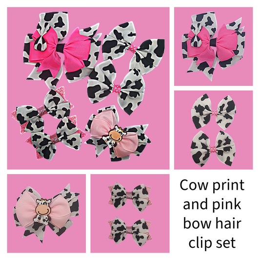 Cow print and pink ribbon bow hair clip set