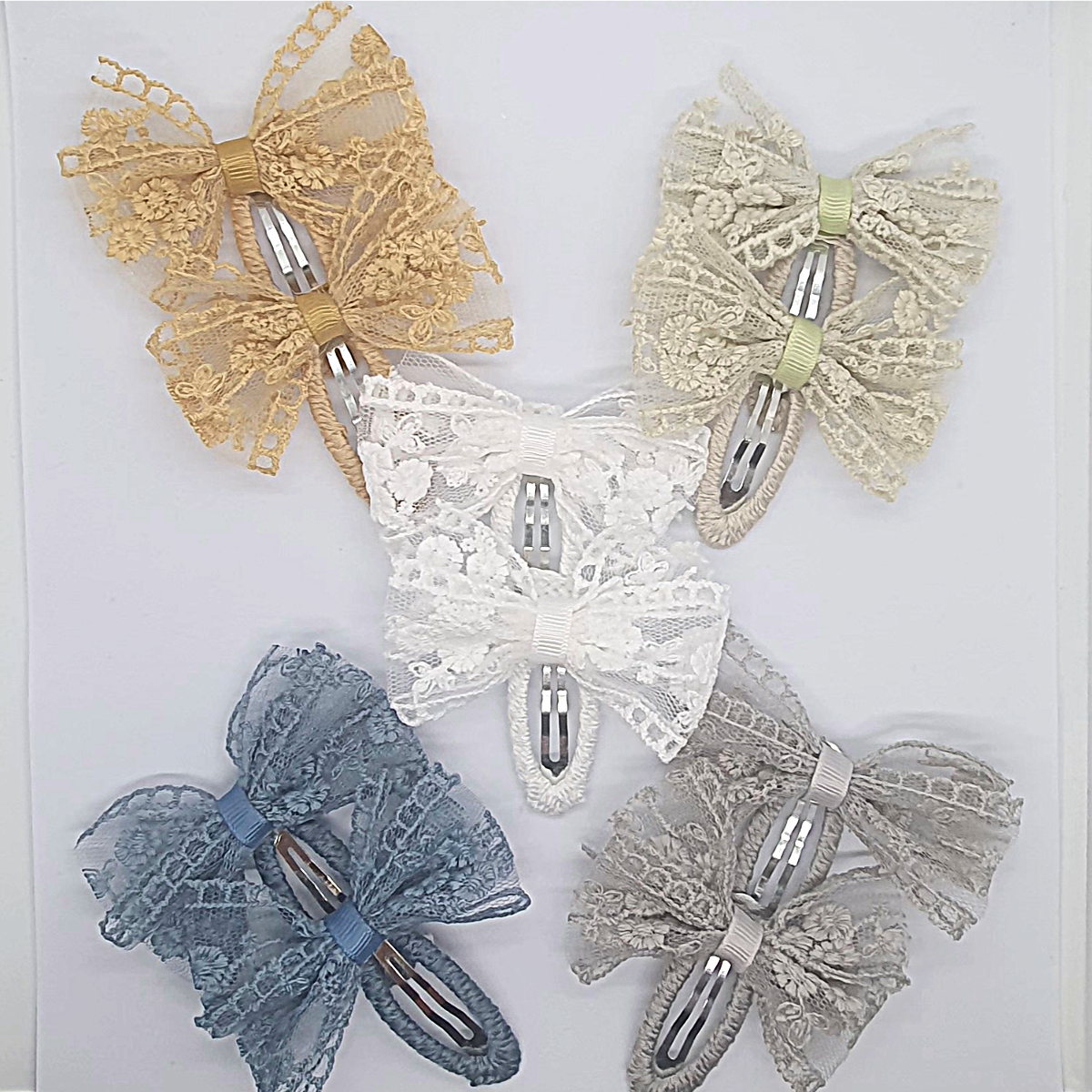 Five pairs of lace ribbon bow snap hair clip sets