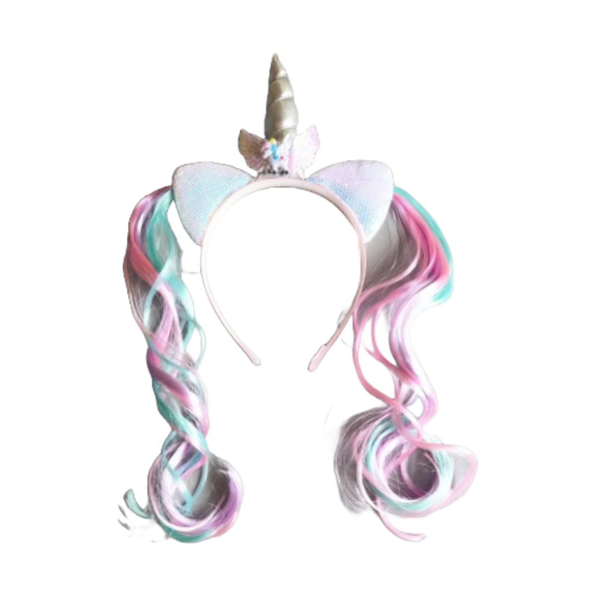 Unicorn themed girls headband with unicorn horn, ears and faux colourful pink blue hair extensions