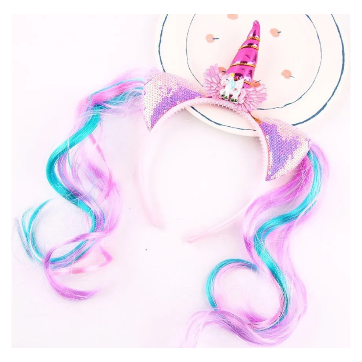 Unicorn themed girls headband with unicorn horn, ears and faux colourful pink blue hair extensions