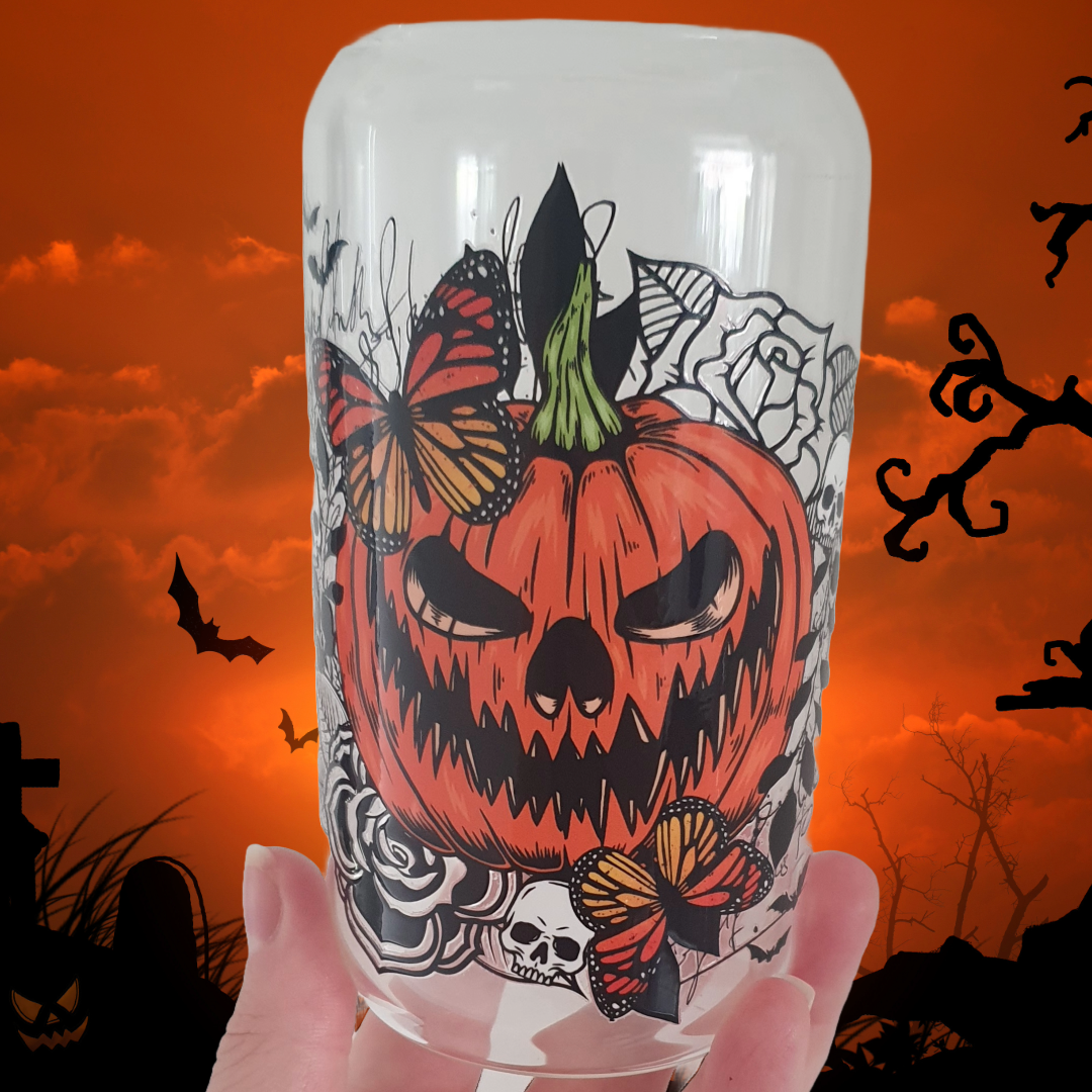 16oz glass tumblers liberty glass with Autumnal Halloween Witchy Spooky Pumpkin UV DTF designs