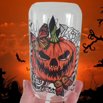 16oz glass tumblers liberty glass with Autumnal Halloween Witchy Spooky Pumpkin UV DTF designs