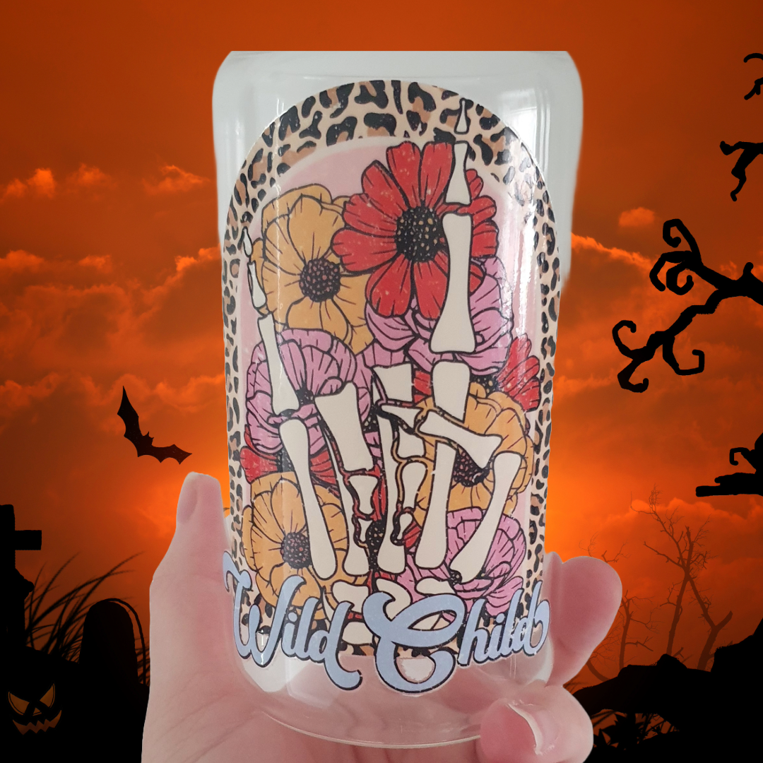 16oz glass tumblers liberty glass with Autumnal Halloween Witchy Spooky Pumpkin UV DTF designs