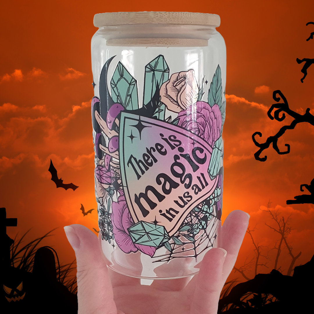 16oz glass tumblers liberty glass with Autumnal Halloween Witchy Spooky Pumpkin UV DTF designs