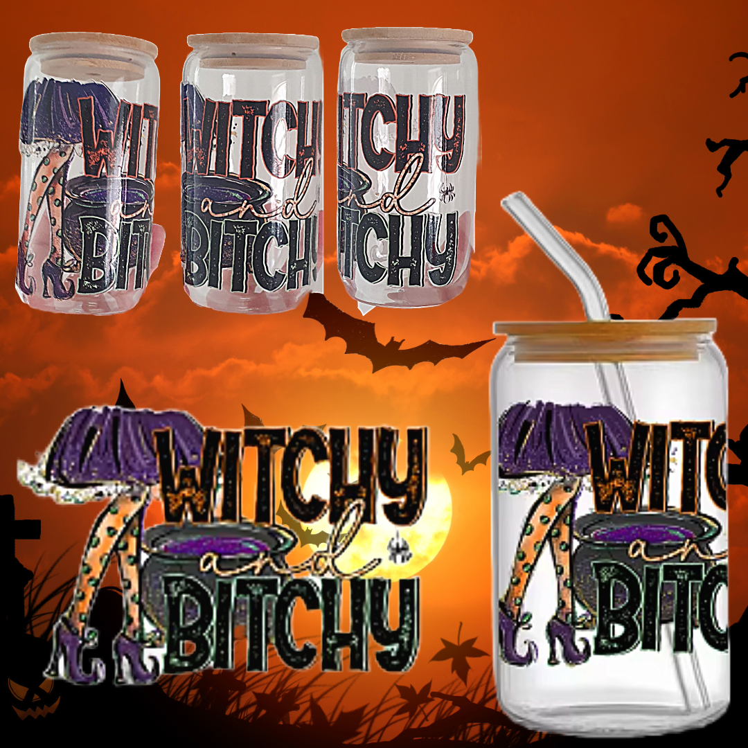 16oz glass tumblers liberty glass with Autumnal Halloween Witchy Spooky Pumpkin UV DTF designs