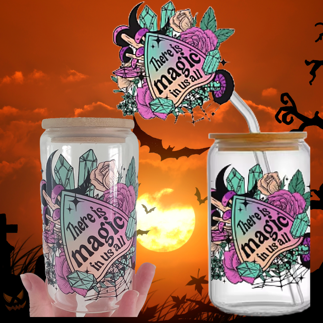 16oz glass tumblers liberty glass with Autumnal Halloween Witchy Spooky Pumpkin UV DTF designs