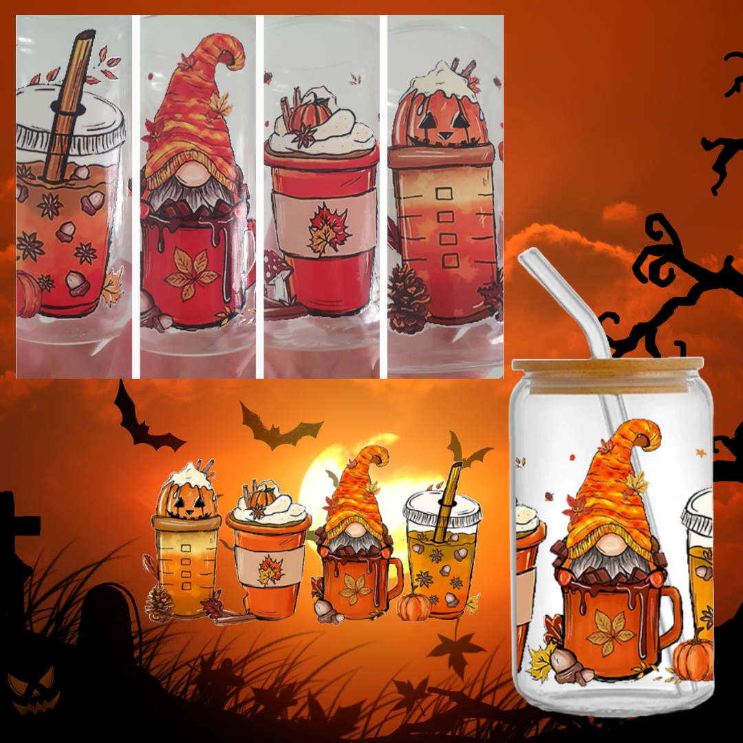 16oz glass tumblers liberty glass with Autumnal Halloween Witchy Spooky Pumpkin UV DTF designs