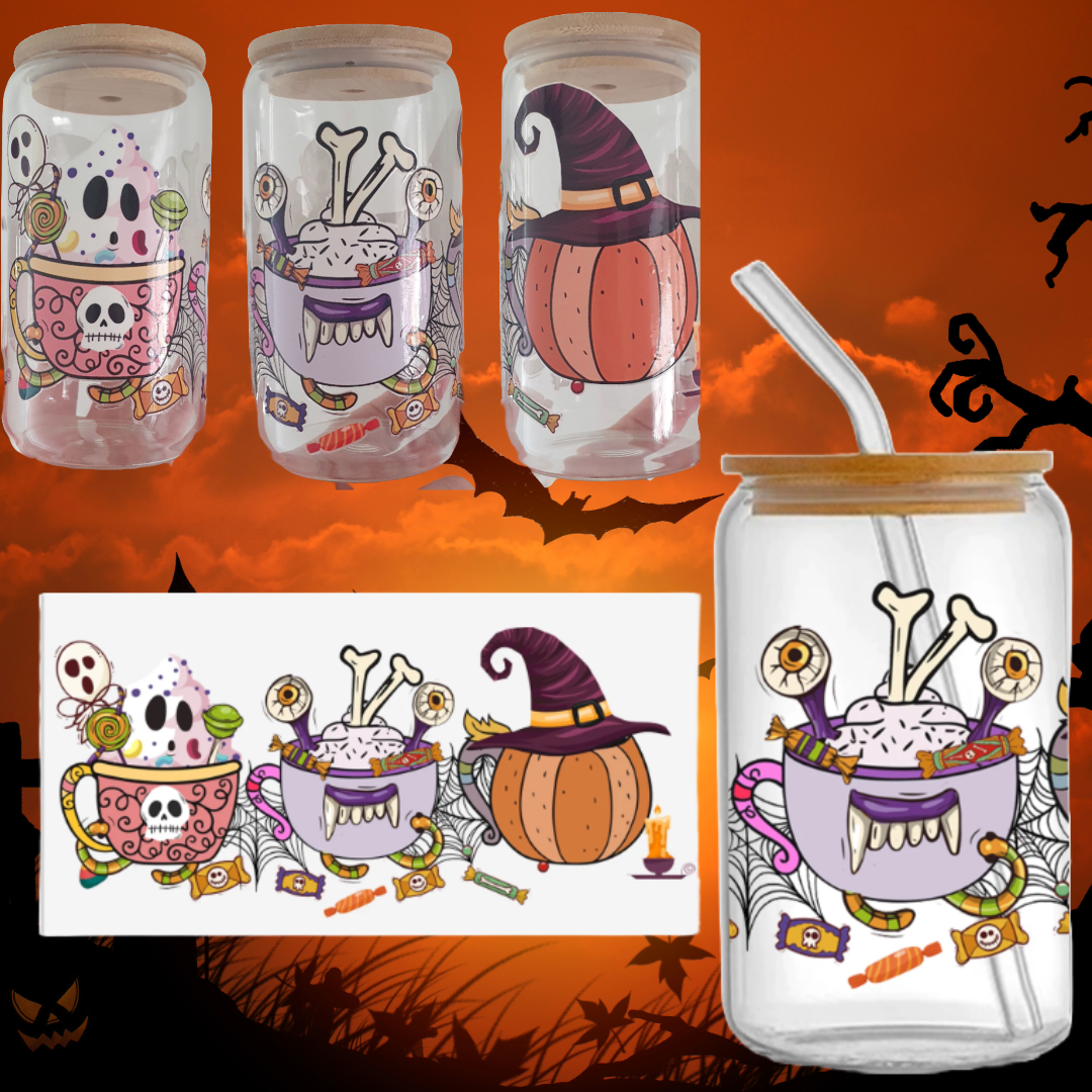 16oz glass tumblers liberty glass with Autumnal Halloween Witchy Spooky Pumpkin UV DTF designs