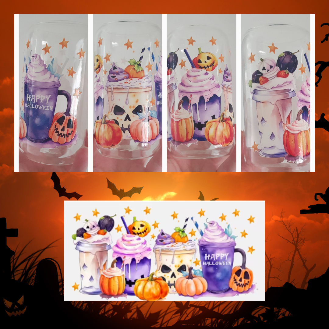 16oz glass tumblers liberty glass with Autumnal Halloween Witchy Spooky Pumpkin UV DTF designs