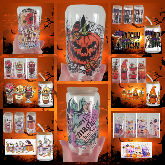 16oz glass tumblers liberty glass with Autumnal Halloween Witchy Spooky Pumpkin UV DTF designs