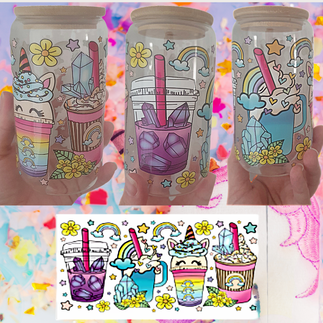 16oz glass tumblers liberty glass with Unicorn Rainbow Skulls Flowers Gamer UV DTF designs