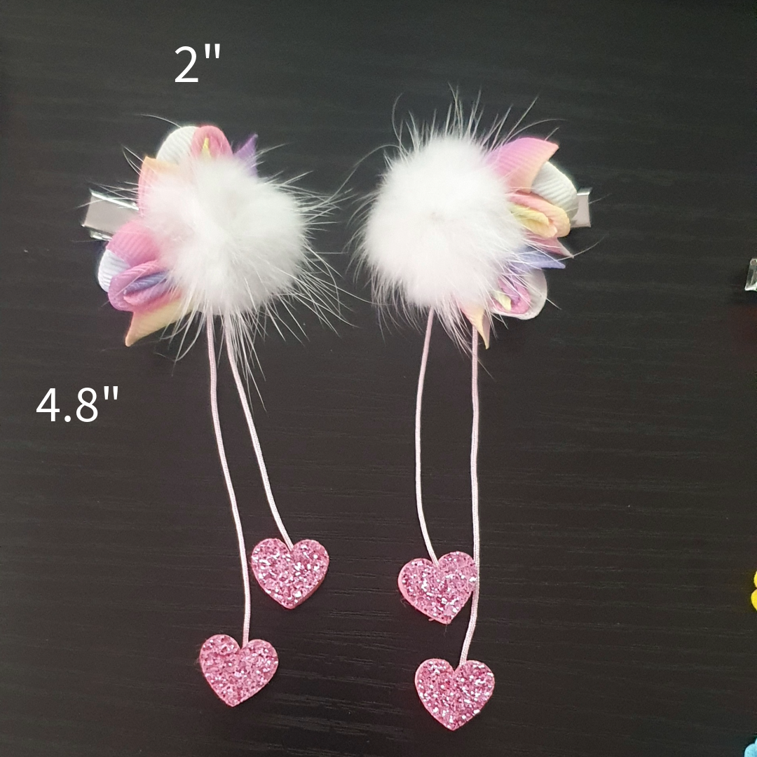 Rainbow Fluffy Pom Pom Glittery Heart Dangly Hair Clip Accessory