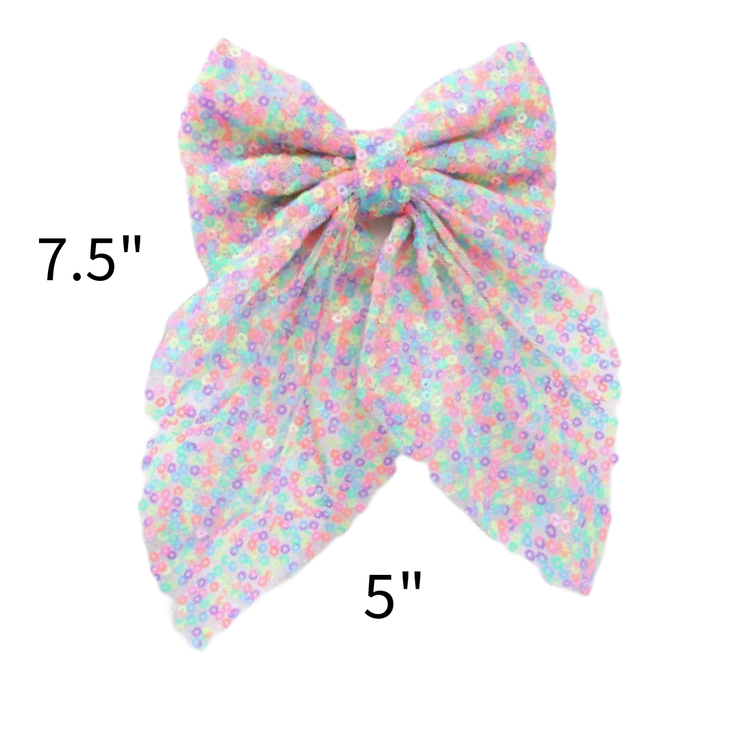 Large Sequined Material Pastel Rainbow Hair Bow Clip