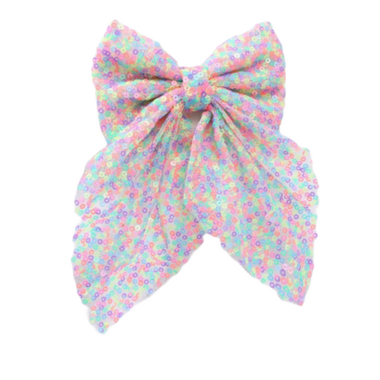 Large Sequined Material Pastel Rainbow Hair Bow Clip