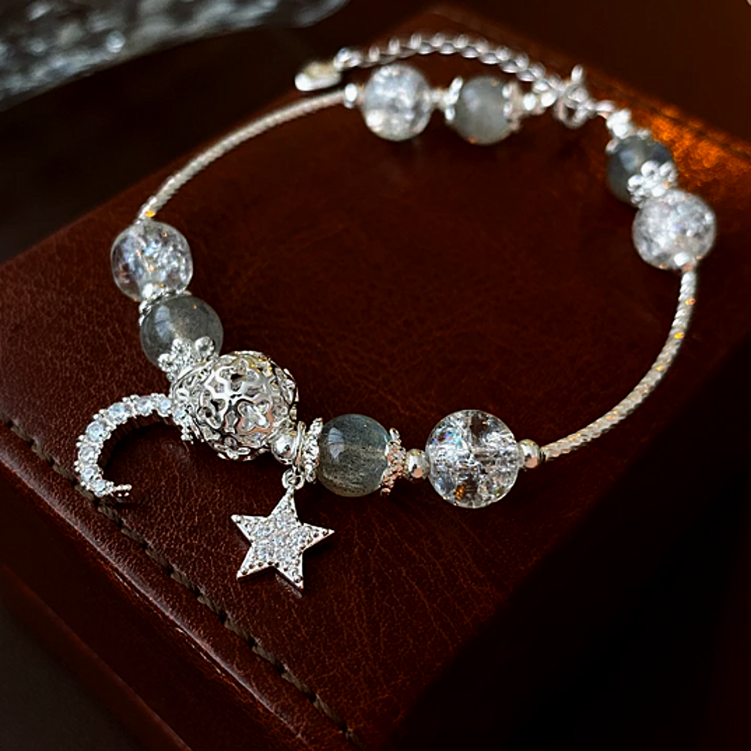 Star and moon rhinestone celestial bead charm bracelet with extendable chain