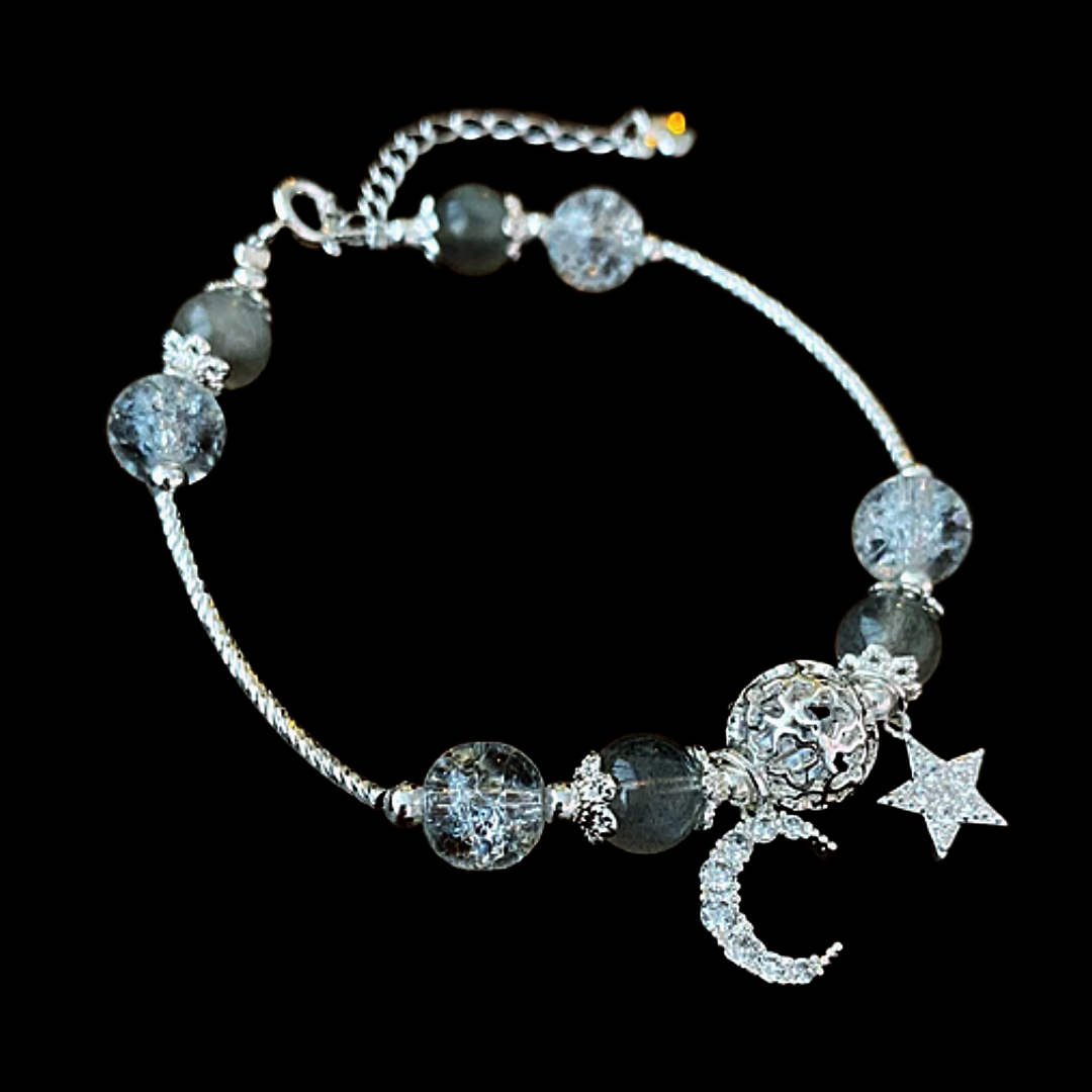 Star and moon rhinestone celestial bead charm bracelet with extendable chain