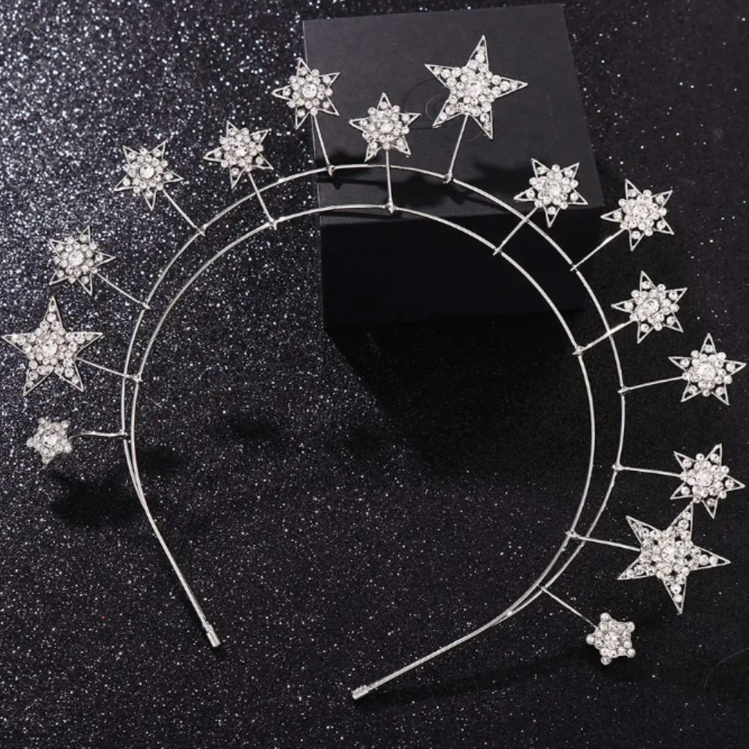 Celestial star tiara crown headband with clear crystal rhinestones