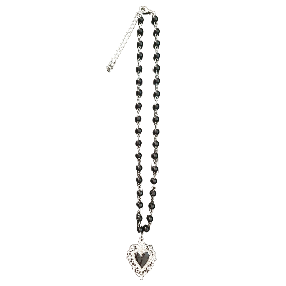 Victorian gothic black and silver heart pendant beaded necklace