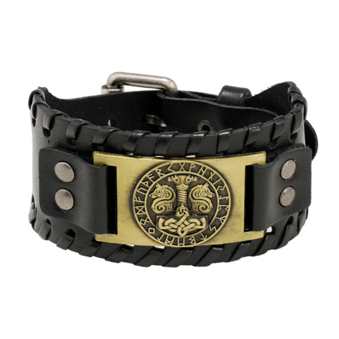 Leather buckled wide wristband with Thor hammer detail