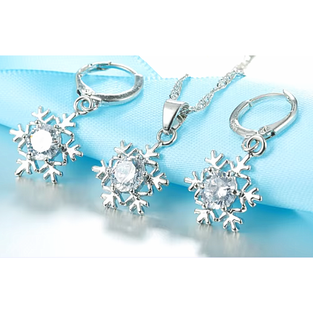 Snow flake silver plated necklace and earrings set with cubic zirconia