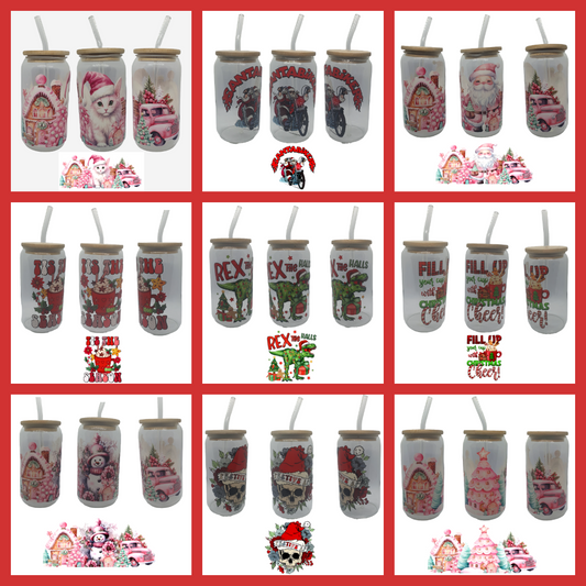 16oz glass tumblers liberty glass with Christmas UV DTF designs