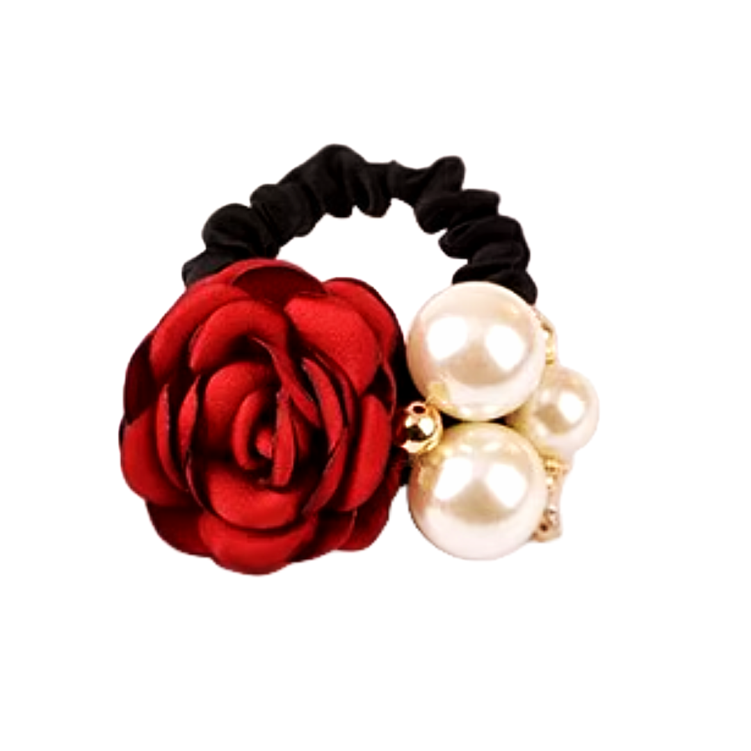 Material rose and faux pearl black mini scrunchie bobble