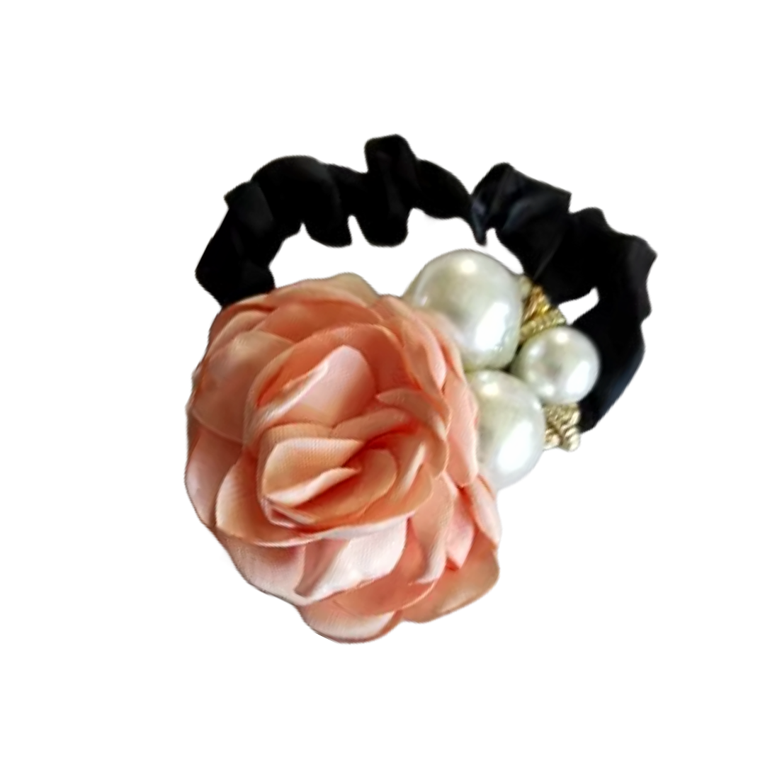 Material rose and faux pearl black mini scrunchie bobble