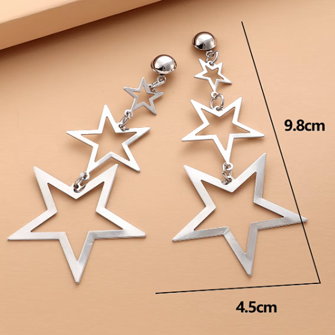 Triple silver celestial star dangly earrings