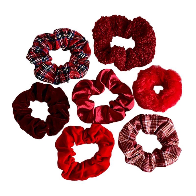 Festive Christmas red fluffy satin velvet tartan hair scrunchie bobble set of 7