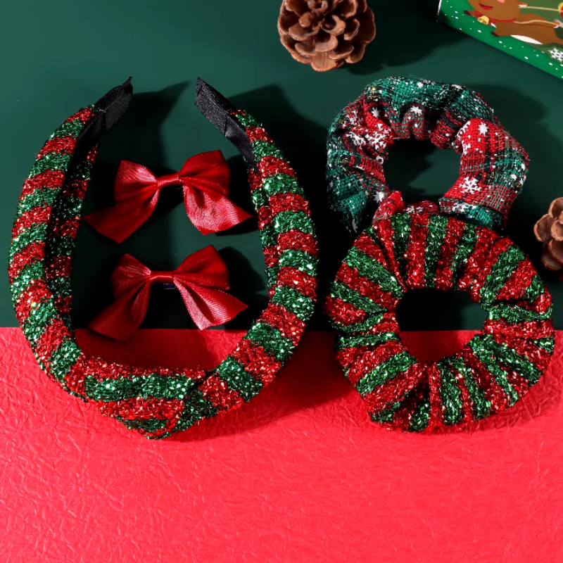 Festive hair accessory set - knotted headband, scrunchies and bows