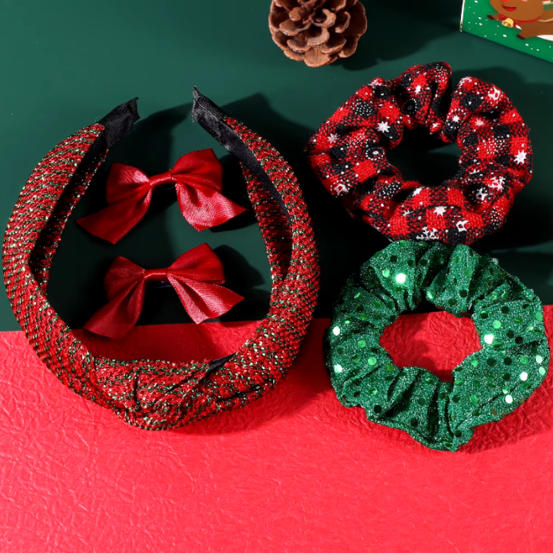 Festive hair accessory set - knotted headband, scrunchies and bows