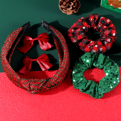 Festive hair accessory set - knotted headband, scrunchies and bows