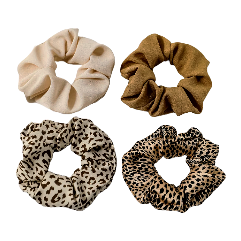 Brown cream beige animal print and plain set of four hair scrunchie bobbles