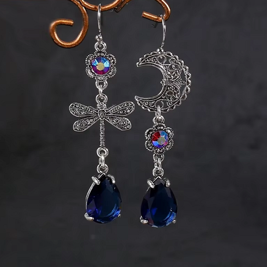 Dragonfly and crescent moon dangly droplet earrings