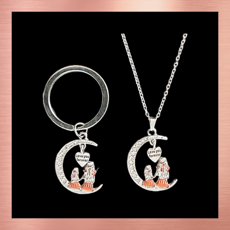 Mother and daughter crystal crescent moon and love you forever heart pendant necklace and key ring set for mothers day