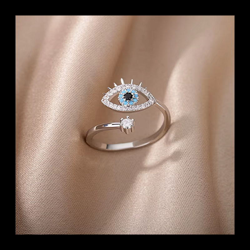 Silver plated with rhinestones evil eye adjustable ring