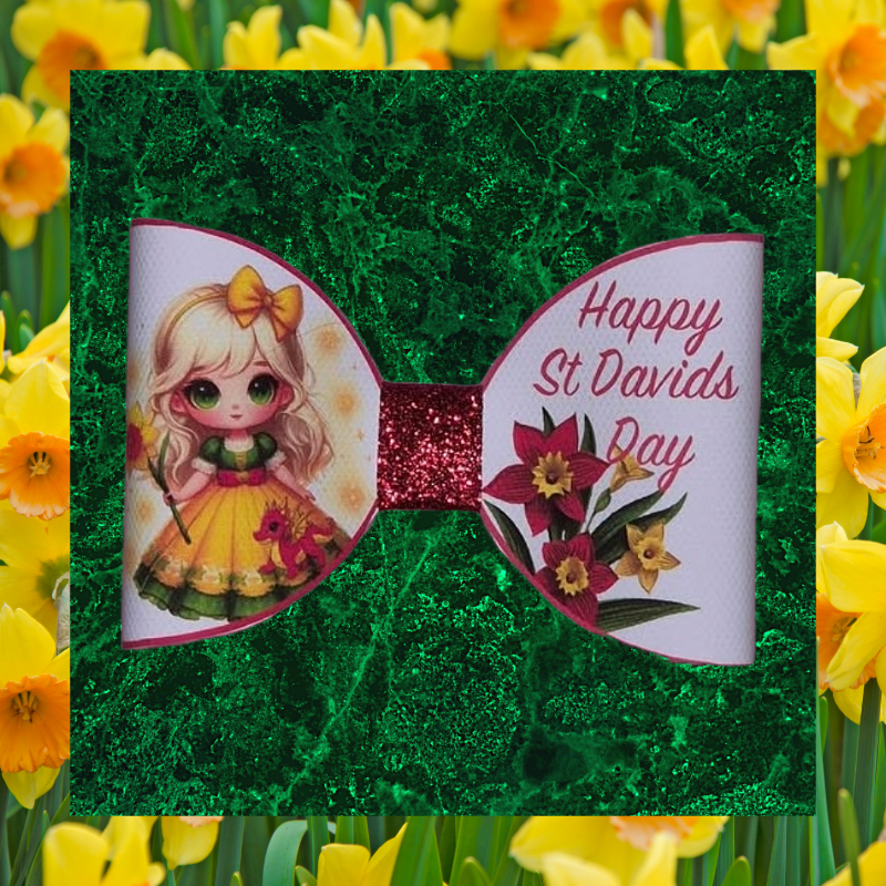 St David's Day hair bow with Welsh Girl and Daffodils - Blonde hair