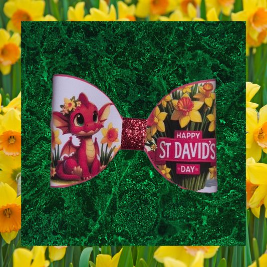 St David's Day hair bow with Dragon and Daffodils