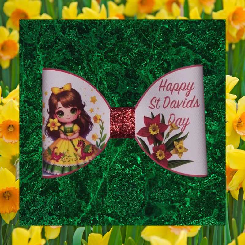 St David's Day hair bow with Welsh Girl and Daffodils - Brown hair