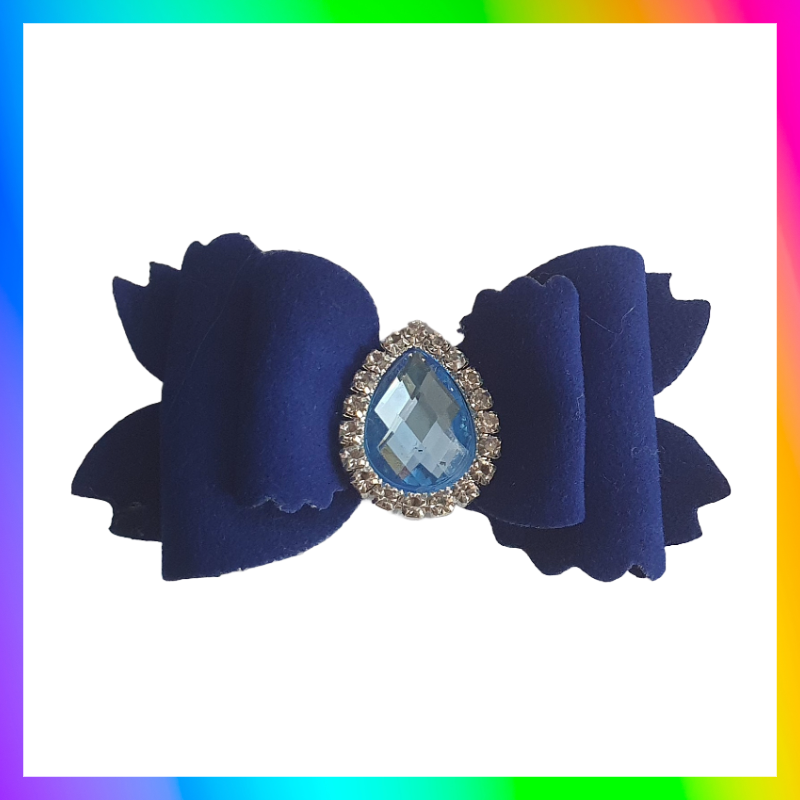 Soft velvet 3" double layered bow with droplet gem surrounded in little clear rhinestones on a crocodile clip comes in variety of colours