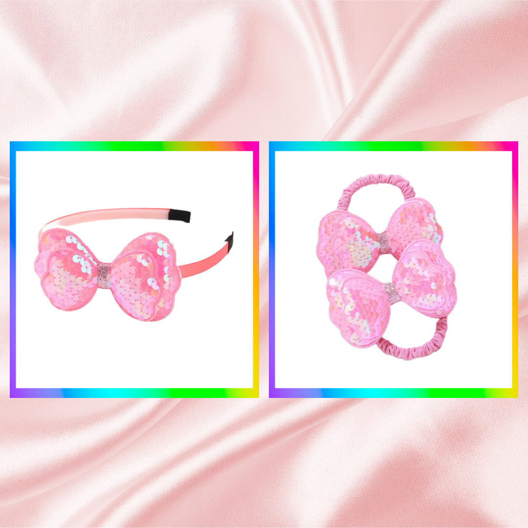 Sequinned bow headband and bobbles set