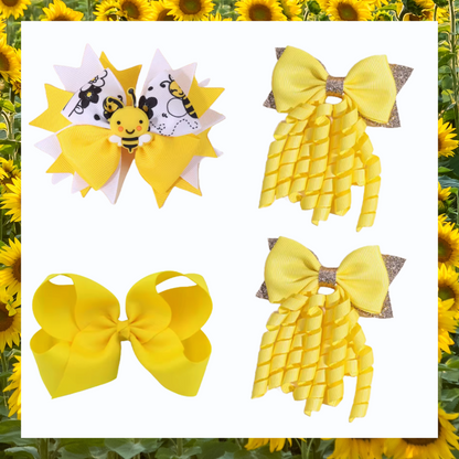 Bumble bee yellow white and black themed ribbon hair bow clips set