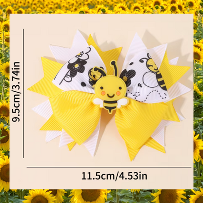 Bumble bee yellow white and black themed ribbon hair bow clips set