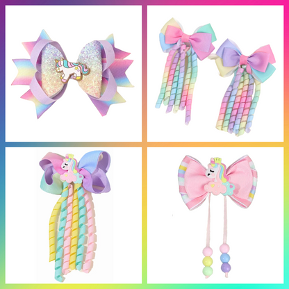 Rainbow unicorn themed ribbon hair bow clips set
