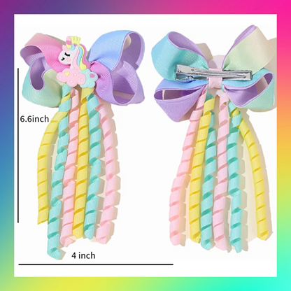 Rainbow unicorn themed ribbon hair bow clips set